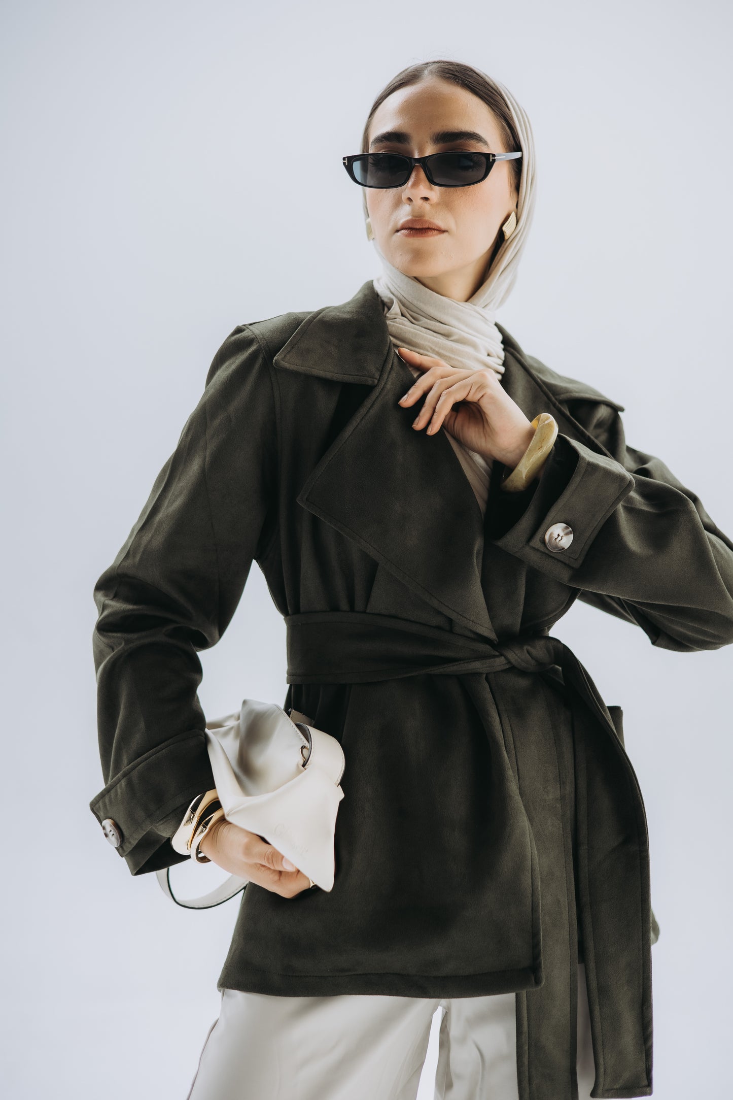 Olive Jasmine cropped trench coat